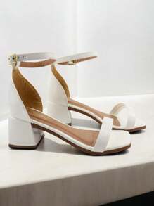 Women's Thick Heel Sandal Casual Block In Varnish Basic Colors Comfortable With Buckle Closure - 白色 - 查看 1