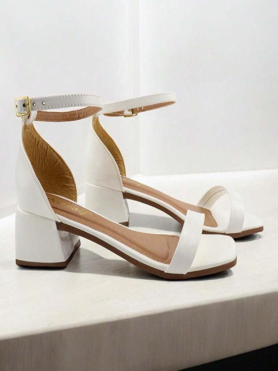 Women's Thick Heel Sandal Casual Block In Varnish Basic Colors Comfortable With Buckle Closure - 白色 - 查看 1