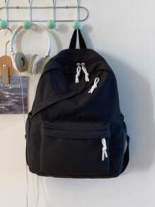 1 件 返校时尚学院风书包，带笔记本电脑隔层，时尚百搭纯色运动包，优质耐用校园背包，配有可调节肩带和宽敞的多个口袋和书包，轻便便携式拉链包，休闲旅行背包，非常适合毕业生、女生和少女，适合户外、旅行、初中、高中和大学 - 黑色 - 查看 9