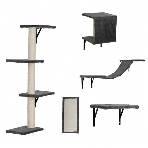 Muebles con poste rascador para gatos para montar en la pared, juego de 5 escaladores de pared, con tabla para rascar, camas colgantes para gatos, puente para gatos grandes o gatitos, gris, beige, estilo gótico