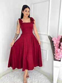 Luxury Solid Dune Wave Midi Dress With Bow On The Sleeve - 紅木色 - 查看 3