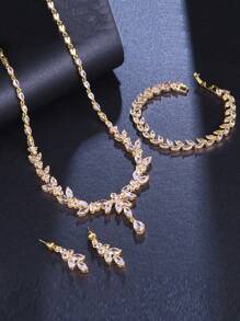 3 件套奢华铜锆石项链和耳环首饰套装，适合派对和婚礼礼物 - 金黃色 - 查看 3