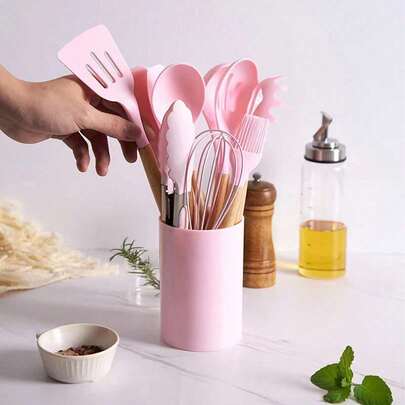 Set 12 espatulas utensilios de cocina de silicona con mango de madera
