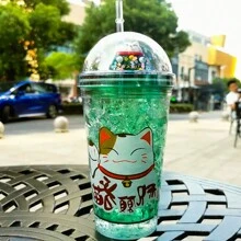 1 Vaso  con popote para beber con diseño de gato de la suerte para niños, vasos de viaje,Botella de agua de plástico, regalo de cumpleaños - Verde - Ver 3