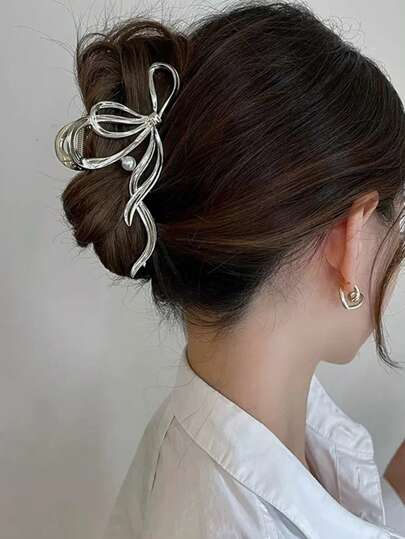 مشبك شعر بشكل فك سمكة مزين بالخرز الصناعي والفيونكة، للربيع/الصيف قطعة واحدة