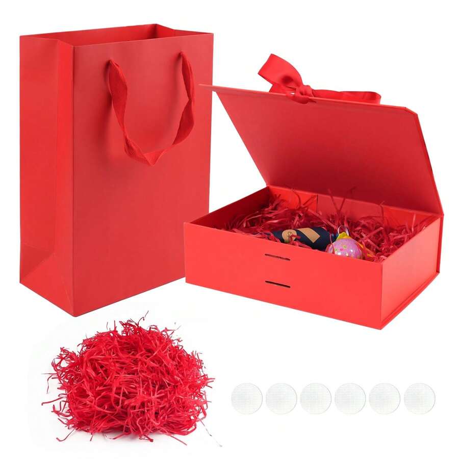 Caja de regalo grande con tapas para regalos, caja de envolver regalos con tapa magnética y cinta para Navidad, Día de San Valentín, cumpleaños, regalos de novia, bodas - Rojo - Ver 1