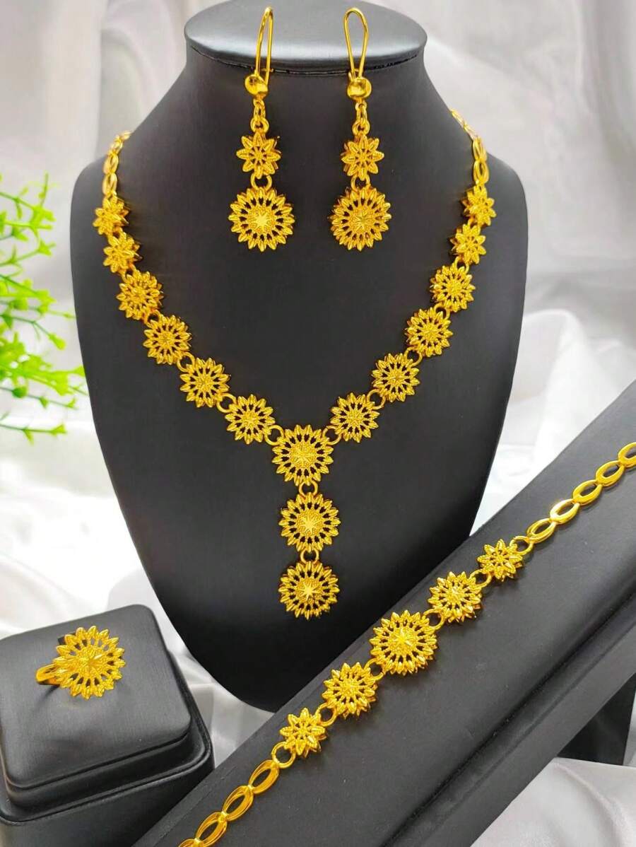 1 套 4 件镀金花朵吊坠项链、耳环、戒指、手链首饰套装、时尚首饰套装，适合女性、新娘、婚礼、派对、母亲节、情人节礼物、妈妈、母亲、母亲节、礼物