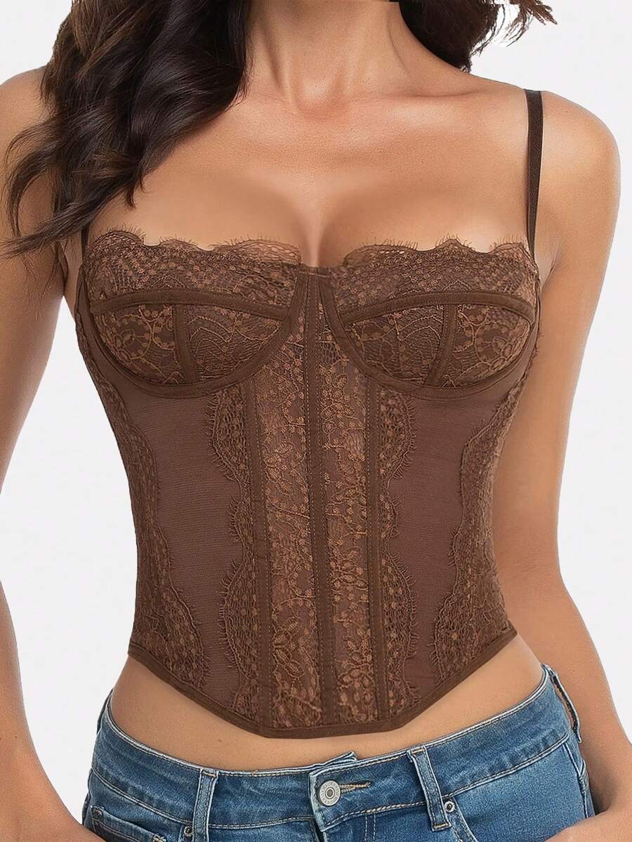 1件蕾丝胸罩式可爱抹胸上衣，性感女士夜店派对露脐上衣，带扣 - 棕色 - 查看 1