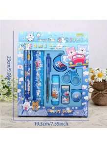 9 Stück/Set Koreanischer Stil Cartoon Schreibwaren Set Geschenkbox, kreative Schul-Zubehör Geschenke, beinhaltet Bleistifte, Anspitzer, Radiergummi, Lineal, Kugelschreiber usw., geeignet als Party-/Weihnachts-/Geburtstaggeschenk