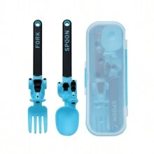 Juego de tenedor y cuchara de PP para bebé con forma de motocicleta y diseño de dibujos animados, vajilla portátil y divertida para niños, incluye caja de almacenamiento, disponible en múltiples colores - Color - Ver 10