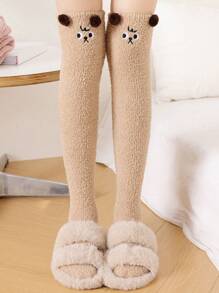 1 đôi tất cao đến đùi nữ bằng lông cừu san hô, màu kaki, ấm áp và giản dị cho mùa đông - Màu Khaki - Xem 14