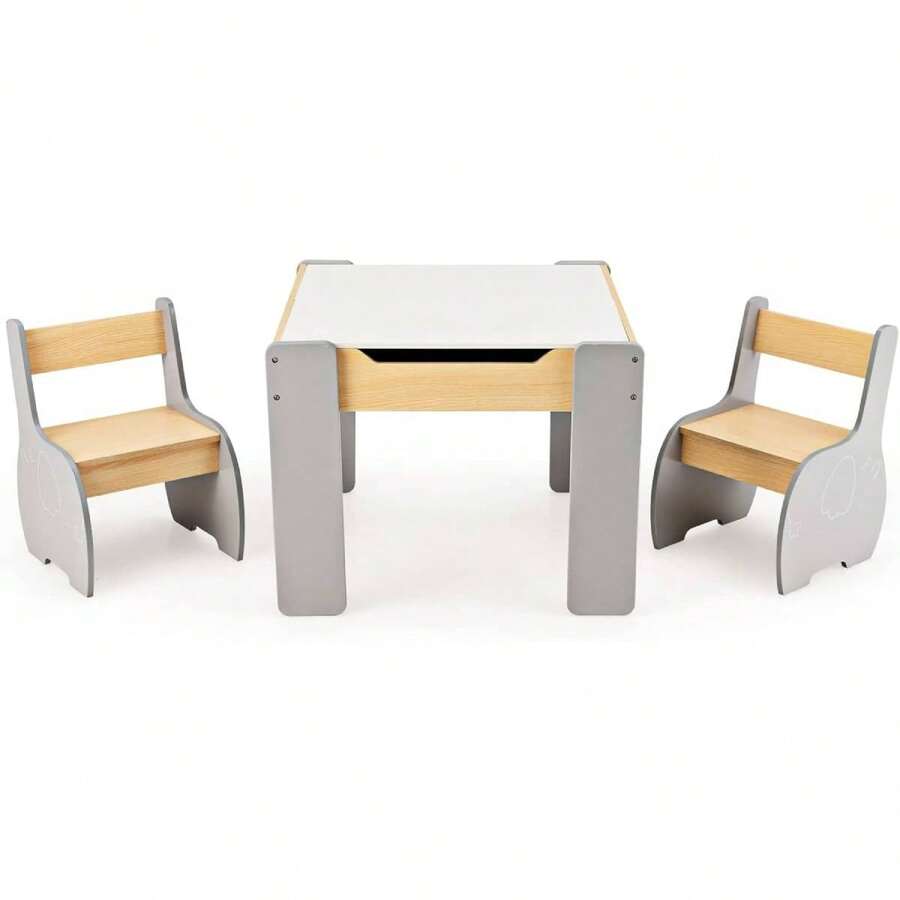3-Piece Children's Seating Group, Children's Furniture With 1 Table & 2 Chairs, Wide Backrest And Comfortable Seat For Children From 4 Years, Children's Table Group For Children's Room Kindergarten, Bun - Grey - View 1
