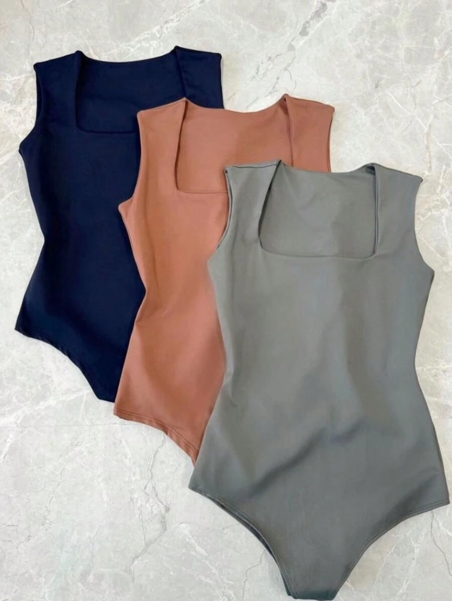 Kit 3 Basic Bodysuit Square Neckline Wide Straps Modeler Versatile Casual Suplex Brown Gray Black Fashion Blogger Gringa - Nhiều màu - Xem 1