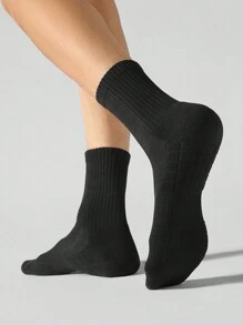 4 Pairs Men's Solid Black & White Mesh Breathable Elastic Waist Non-Slip Comfortable Mid-Calf Sports Socks, For Gym, Fall