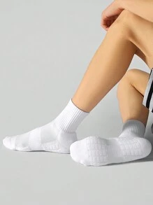 4 Pairs Men's Solid Black & White Mesh Breathable Elastic Waist Non-Slip Comfortable Mid-Calf Sports Socks, For Gym, Fall