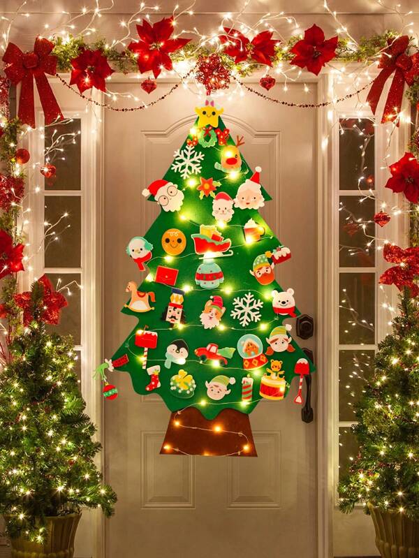 1 Set DIY Filz Weihnachtsbaum mit Lichterkette, 57*34cm/86,5*34,1cm, Weihnachtsdekoration, Weihnachtsparty Geschenk, Weihnachtsschmuck, Raumwanddekoration, Weihnachtsornamente, Weihnachtsgeschenke 2024, Neujahrsbaum 2025, Weihnachten