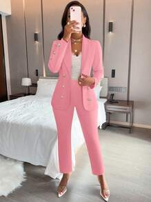 Conjunto de chaqueta y pantalones de traje de manga larga de doble botonadura con cuello de chal de unicolor - Rosa - Ver 6