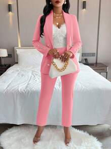 Conjunto de chaqueta y pantalones de traje de manga larga de doble botonadura con cuello de chal de unicolor - Rosa - Ver 4