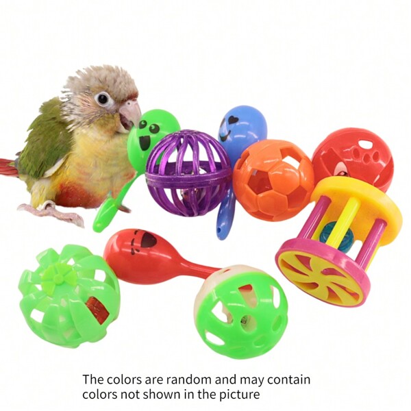 9 Pack Bird Bell Balls Sets For Chewing Playing Training, Colorful Parrot Cage Treat Toy Cockatiel Parakeet Conure Caiques, Small Pet Foot Talon Kitten Puppy, Random Color