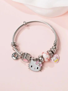 Sanrio Pulsera de Hello Kitty de Sanrio, pulsera plateada con 2 colgantes grandes de la cabeza de Hello Kitty, adecuada para uso diario de la mujer