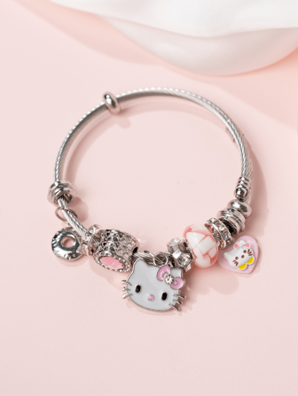 Sanrio Hello Kitty 手链，一包大头 Hello Kitty 吊坠银色手链，适合女性日常佩戴