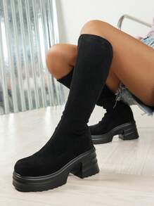 Women's Back Zip Wedge Fashionable Black Wedge Knee High Boots