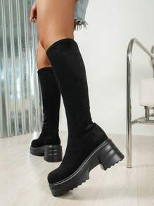Women's Back Zip Wedge Fashionable Black Wedge Knee High Boots