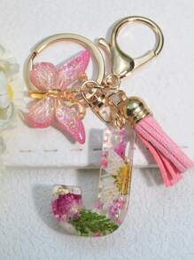 One Initial Keychain For Girl And Ladies, Pink Cute Dry Flower Dandelion Key Chain, Backpack/Handbag Decoration, Butterfly Tassel, Gift Car Accessories Bag Charm School Goth Y2k
