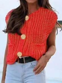 Women Knit Crew Neck Cardigan, Big Button Pocket Textured Sleeveless Sweater Vest, Spring/Summer - Red - View 3