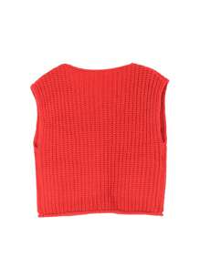 Women Knit Crew Neck Cardigan, Big Button Pocket Textured Sleeveless Sweater Vest, Spring/Summer - Red - View 2