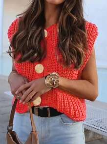 Women Knit Crew Neck Cardigan, Big Button Pocket Textured Sleeveless Sweater Vest, Spring/Summer - Red - View 7
