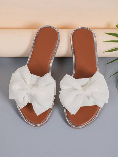1 Pair Plus Size Girl's Flat Slippers, Silk Solid Color Bowknot Rhinestone Peep Toe Fashion Cute Roman Style Sandals, Suitable For Vacation, Casual, Party, Summer Beach