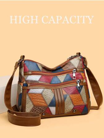 1st Kontrastfärg Rhombusdekor Flerlager med stor kapacitet kvinnor daglig användning Crossbody-väska, axelväska, retro axelväska