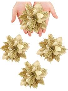 5 Piezas Flores artificiales de Nochebuena doradas con brillo, decoraciones navideñas Flores para árbol de Navidad con tallos DIY Corona de Navidad Decoración del hogar y fiesta, Decoración navideña para el hogar 2024 Regalo Año Nuevo 2025 - oro - Ver 6