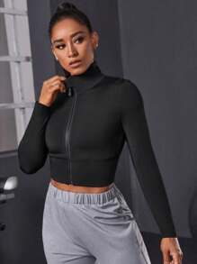 Women's Long Sleeve Croped Suplex Polyamide Reinforced Zipper - Black - View 1