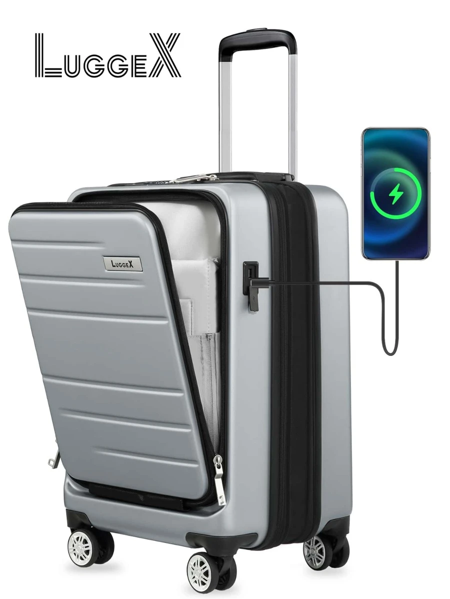 22149 LUGGEX Carry On Luggage With Front Pocket, Expandable Polycarbonate Hard Shell Suitcase With USB Port (20 Inch, 36.1L) - Silver - View 1