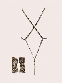 2pcs Lingerie Set With Gloves, Leopard Print Pattern, Criss-Cross Straps, Clubwear - Multicolor - View 3