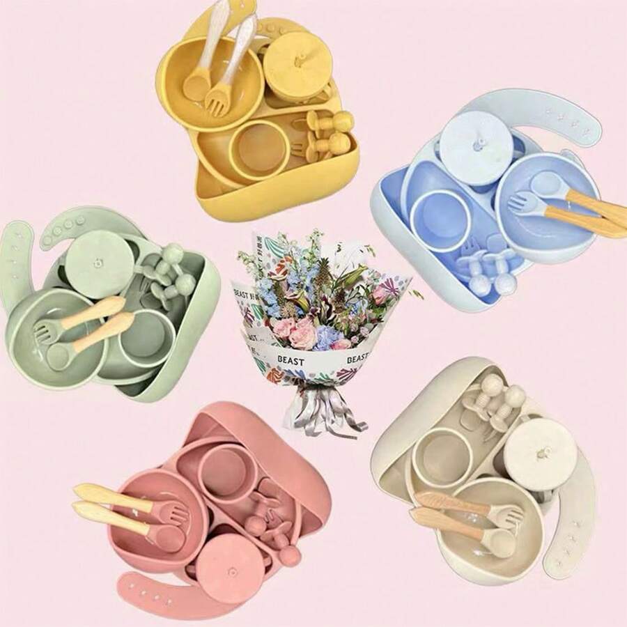 8PCS/Set Baby Tableware. Comes With Suction Cup Bowl, Sippy Cup, Bibs And Spoon - 8pcs/random Color - View 1