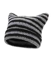 1pc Unisex Hand Knitted Cute Striped Cat Ear Beanie Hat, Autumn Winter Warm Ear Protective Handmade Striped Ski Mask Street Fashion Hip-Hop Couple Headwear - Multicolor - View 15