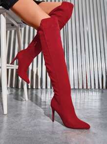 Women's Sexy Long Stretch Over The Knee Thigh High Boots Fashion Pointed Toe Stiletto High Heels Boots With Elastic Shaft And Side Zipper For Autumn Party Prom Festival Wearing - Đỏ - Xem 1