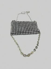 Bolso bandolera mini de mujer con cadena brillante, bolso de hombro tipo sobre con strass, bolso de mensajero con adorno de strass - Plateado - Ver 3