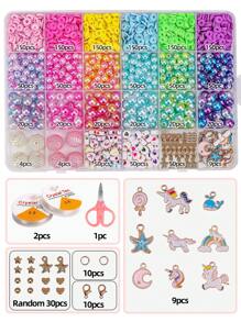 Kit de artizanat cu margele acrilice pentru copii, include unicorn, floare, coajă, fluture, acadea, lună, pandantiv inimă, mărgele de sticlă, jucării pentru bijuterii pentru fete, cadou de Crăciun - Multicolor - Vizualizare 12