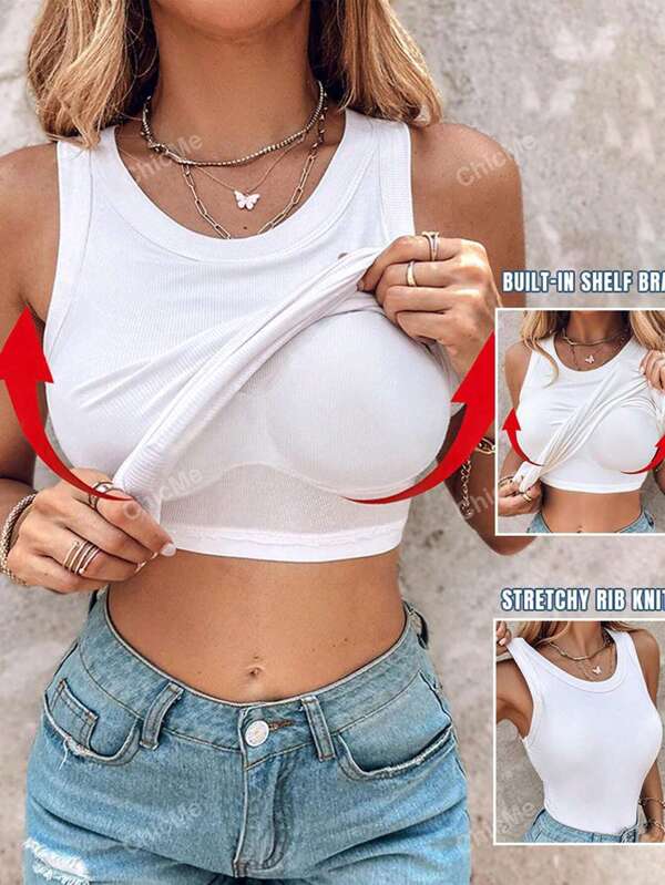 ChicMe Built-In Bra Sleeveless Ribbed Knit Tank Top Slim Fit Round Neck Basic Top
