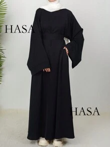 Fashiona Women's Plain Round Neck Abaya Loose Long Robe Modest Long Sleeve Dress - Black - View 4