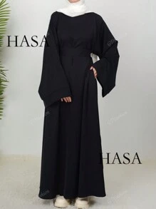 Fashiona Women's Plain Round Neck Abaya Loose Long Robe Modest Long Sleeve Dress