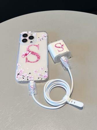 5pcs Set: Phone Case + Data Cable Protector Case, Pink Letter A-S Pattern, Fast Charging Adapter Protective Cover Suitable For IPhone7/8/7p/8p/X/Xs/Xr/Xsmax/11/11pro/11promax/12/12pro/12promax/12MINI/13/13pro/13promax/13MINI/14/14pro/14plus/14promax/15/15pro/15plus/15promax/17/17pro/17promax/17AIR