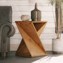 COZAYH Farmhouse End Table Square Solid Wood Pedestal Side Table Rustic Plant Stand With Twisted Design For Living Room, Bedroom, Office, Natural Wood, Black - Tự nhiên - Xem 2