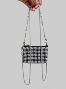 Bolso bandolera mini de mujer con cadena brillante, bolso de hombro tipo sobre con strass, bolso de mensajero con adorno de strass - Plateado - Ver 5