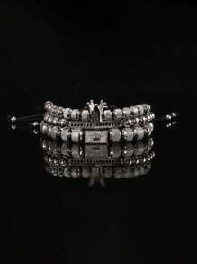3pcs Crown Beaded Bracelet Set, Floral Pattern, Adjustable Length, Men's Accessory - 3-piece Set - View 11