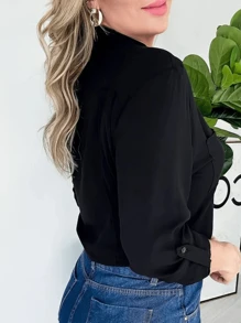 Women's Long Sleeve Dress Shirt With Pocket Detail - Negro - Ver 2